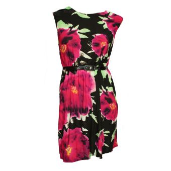 Dorothy Perkins Black & Pink Large Poppy Belted Mini Dress